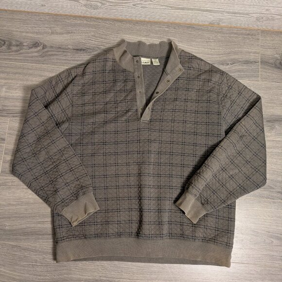 Vintage LL Bean Sweater Men's Large Green T-Snap Pullover Plaid Quilted Crewneck - Picture 1 of 13